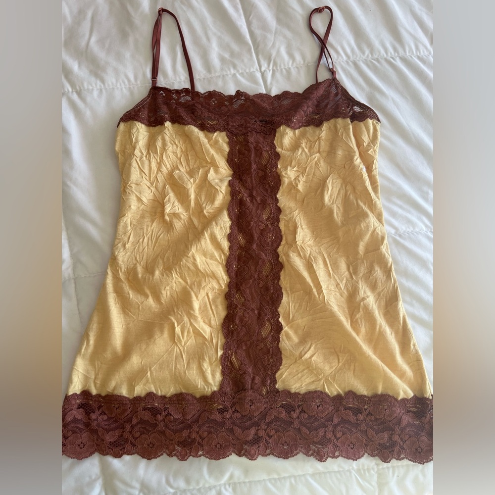 Vintage Lily White Chemise with Lace in Butter Yellow and Brown